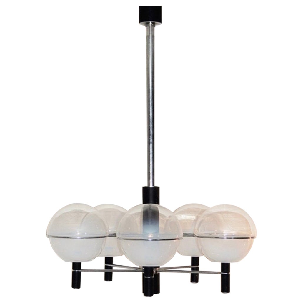 1960s, Suspended Chandelier in Steel-Iron with 5 Spheres Transparent Blown Glass