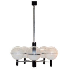 1960s, Suspended Chandelier in Steel-Iron with 5 Spheres Transparent Blown Glass