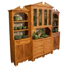 1970s Wicker Display Cabinet with Three Bodies, Shelves, Doors and Drawers 