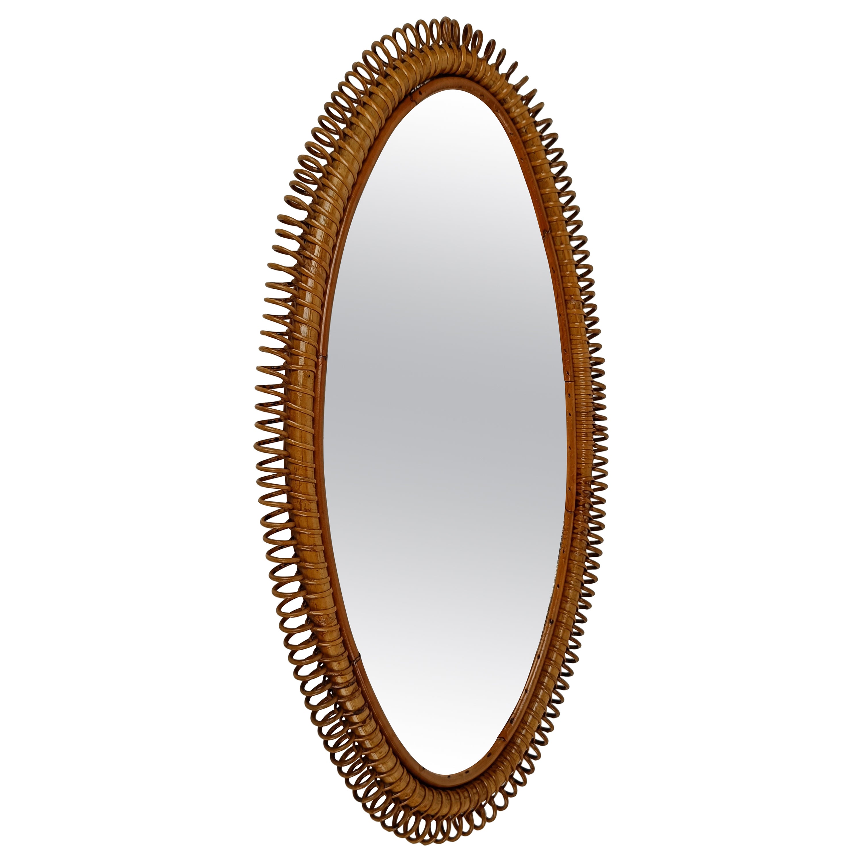 Midcentury Italian Riviera Spiral Bamboo and Rattan Oval Mirror, 1960s