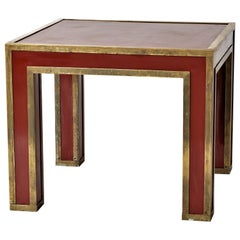 Red Lacquer Laminate & Patinated Brass Edges Side Table, France, 1970s