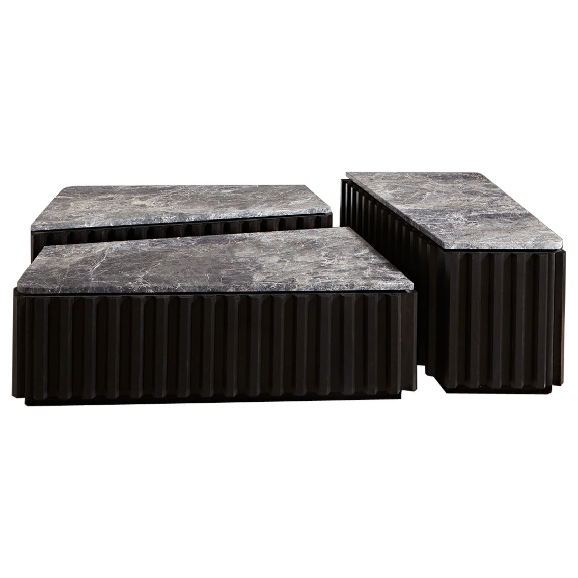 Brutalist Mantle Coffee Table in Ebonized Wood and Marble by Paradox Movement For Sale