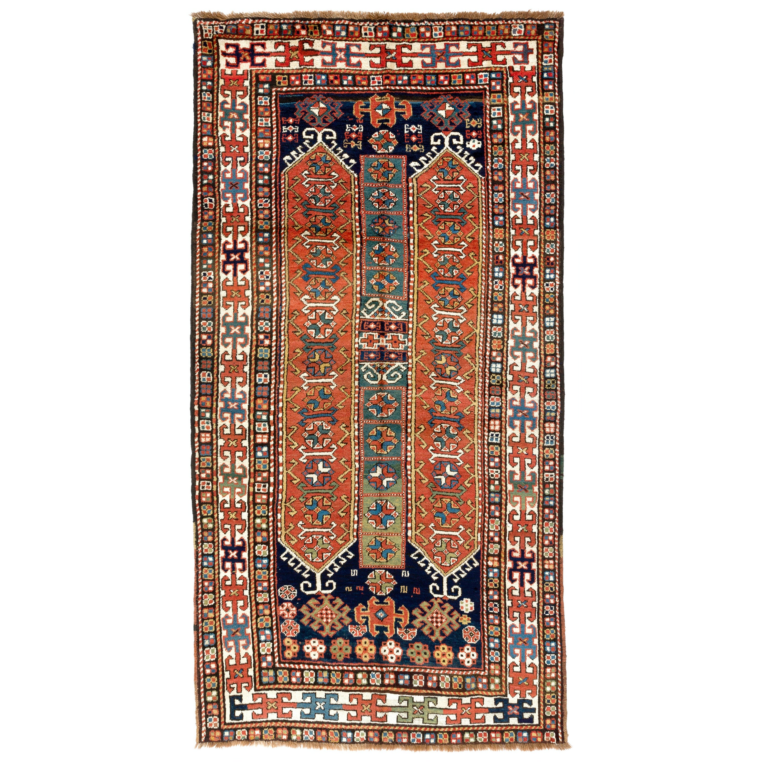 4.2x8 Ft Antiker Kaukasischer Teppich, um 1880