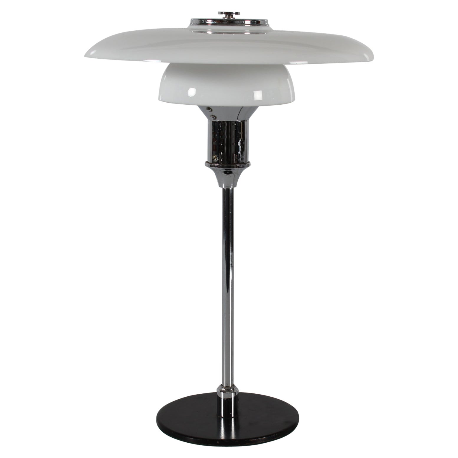 Danish Art Deco 1930s Table Lamp in Poul Henningsen Style Opaline Glass + Chrome For Sale