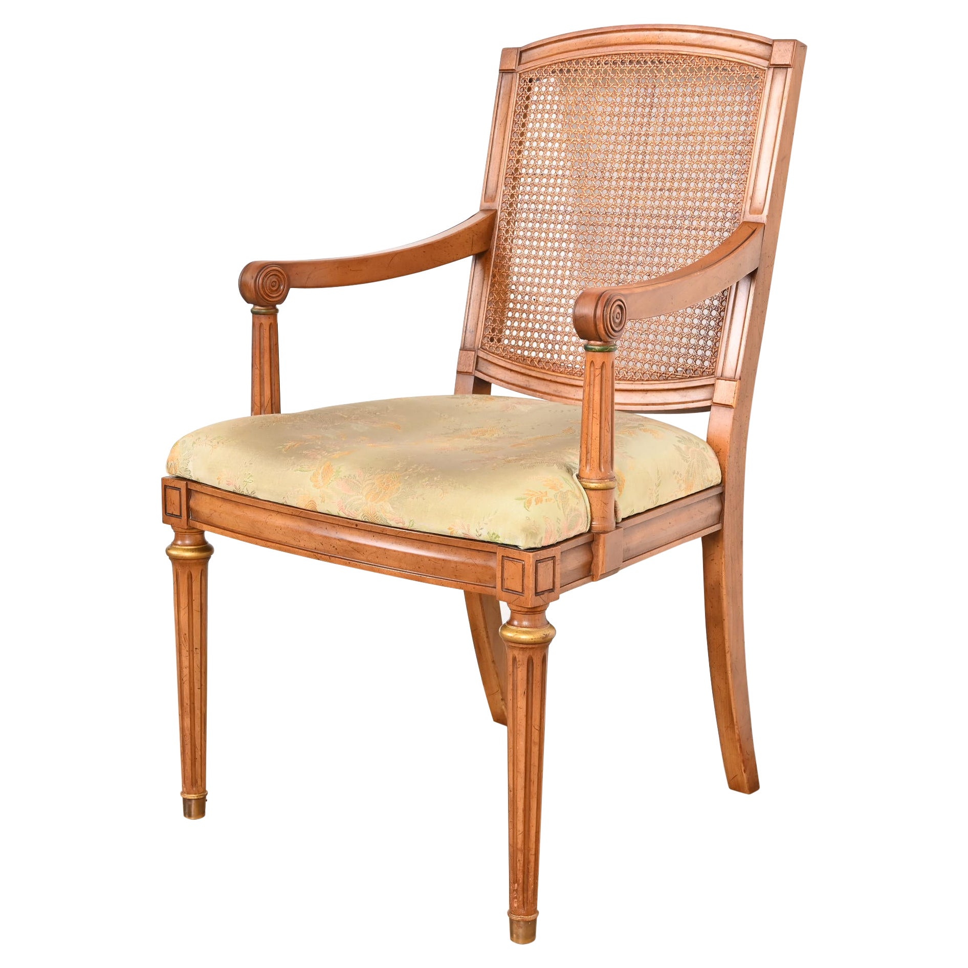 Henredon French Regency Louis XVI Carved Cherry Wood Cane Back Armchair, 1960s For Sale