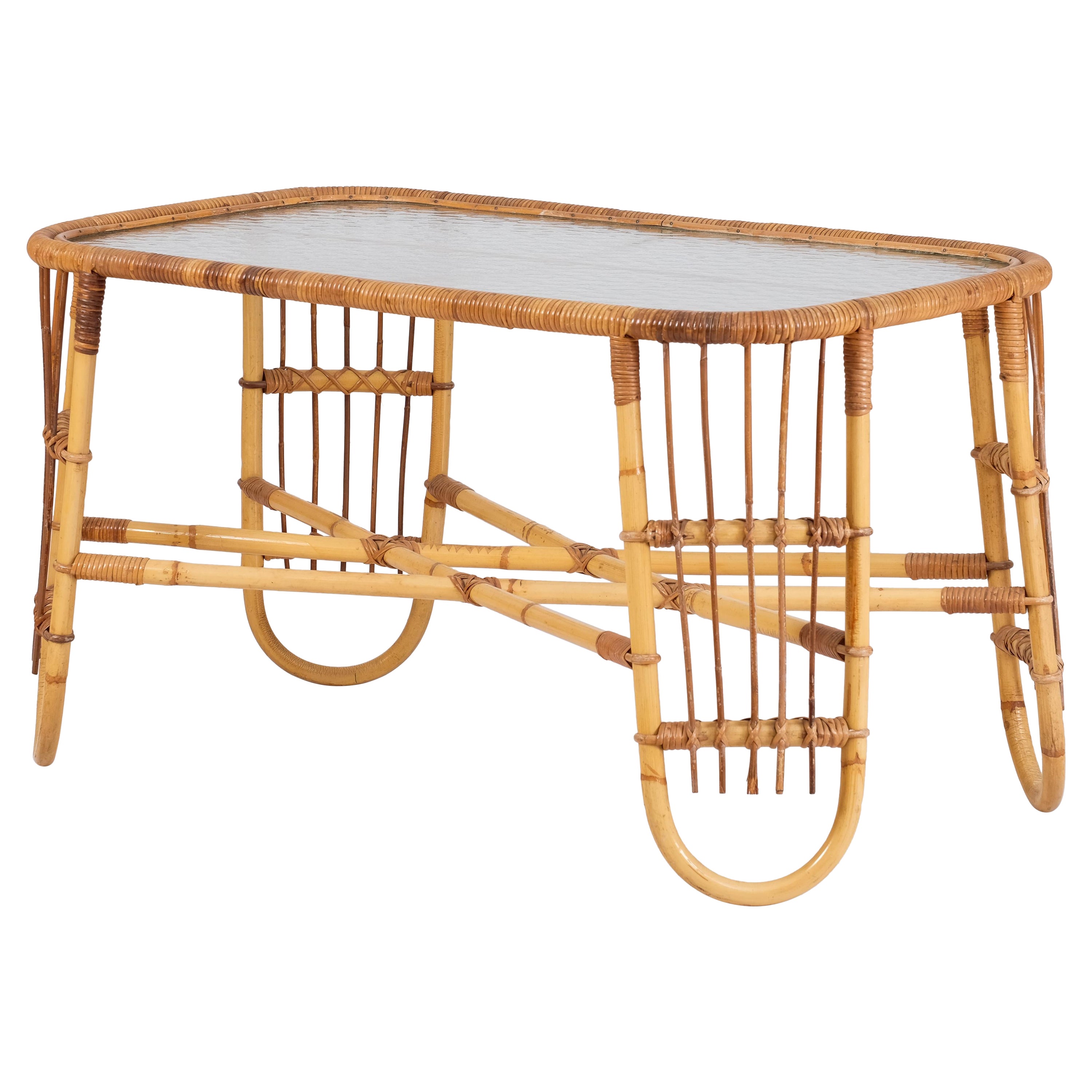 Rattan & Glass Coffee Table, Denmark, 1960s For Sale