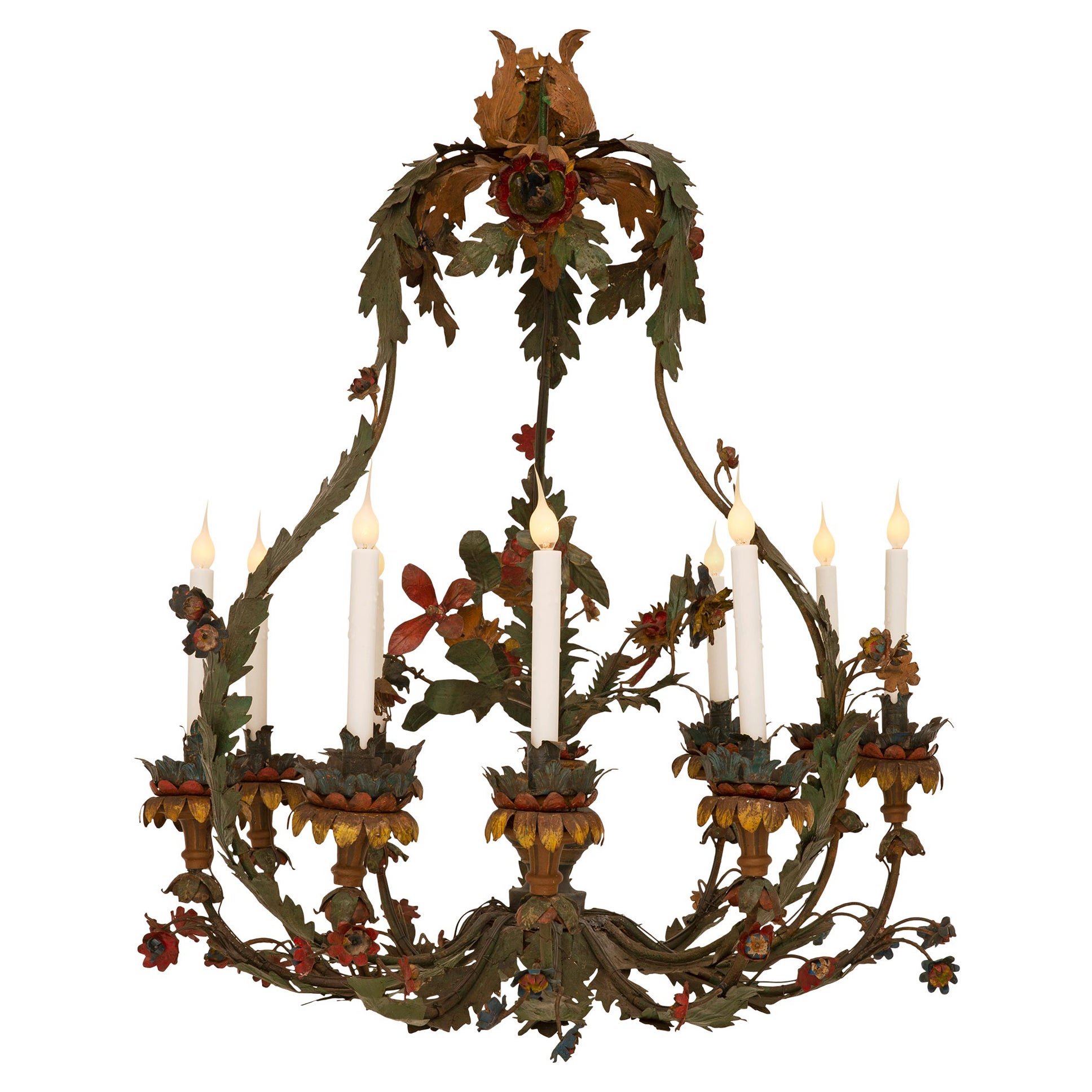 Italian 18th Century Louis XIV Period Patinated Iron and Tole Chandelier