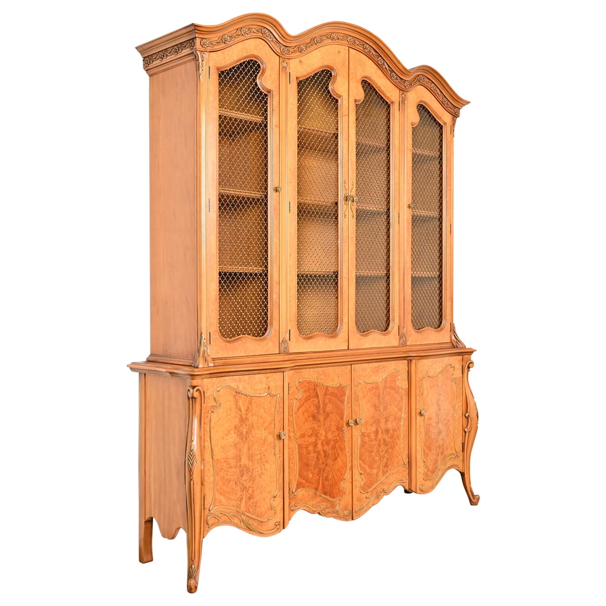 Romweber French Louis XV Burl Wood Breakfront Bookcase or Dining Cabinet For Sale