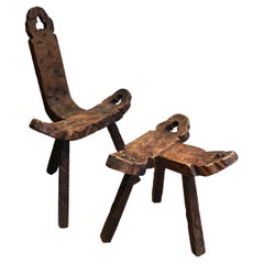 Brutalist Tripod Low Chair and Ottoman, French Work, circa 1950