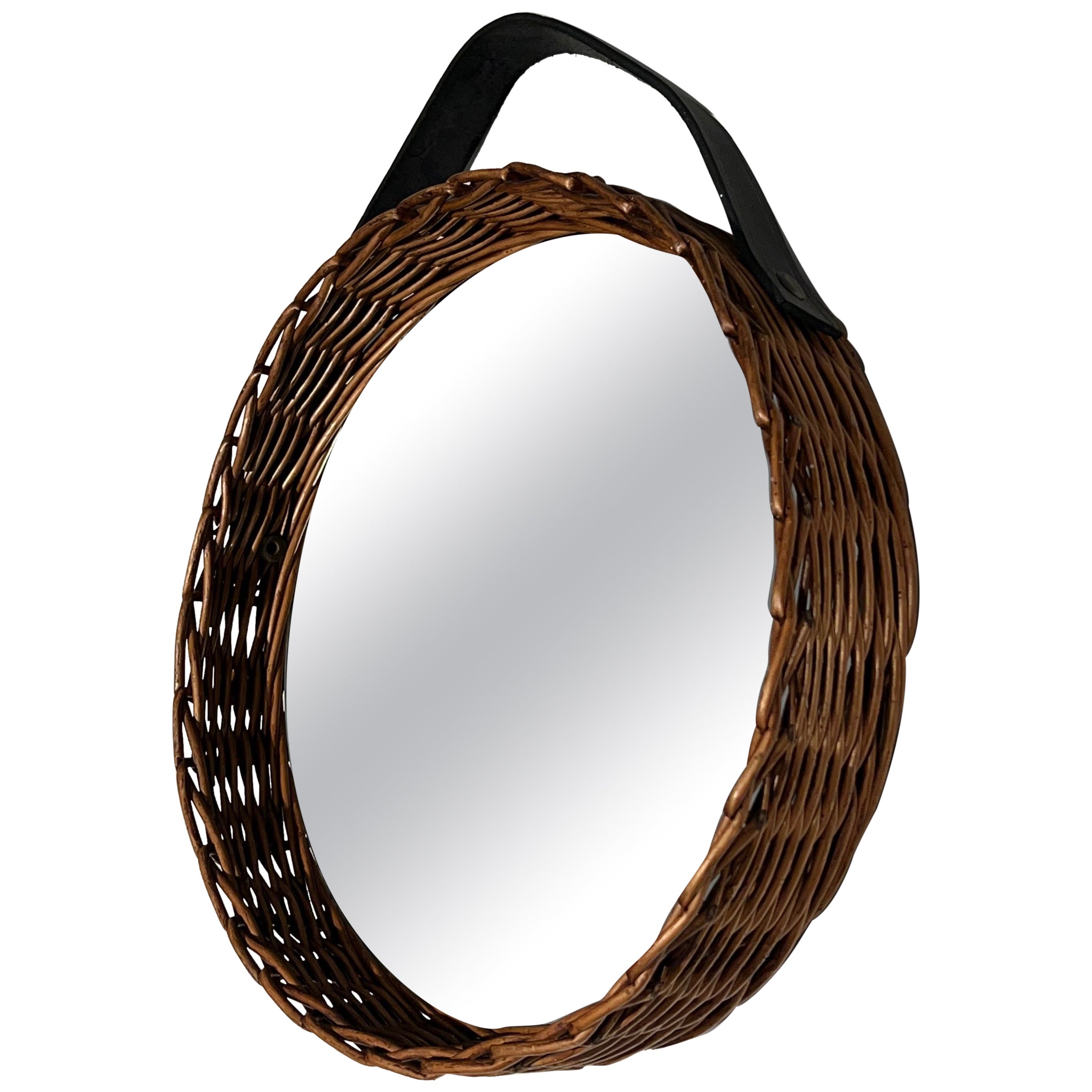 Rattan and Leather Round Mirror, French Work; circa 1950 For Sale