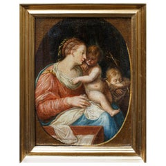 18th Century Madonna and Child with Saint John Oil on Canvas Roman School 
