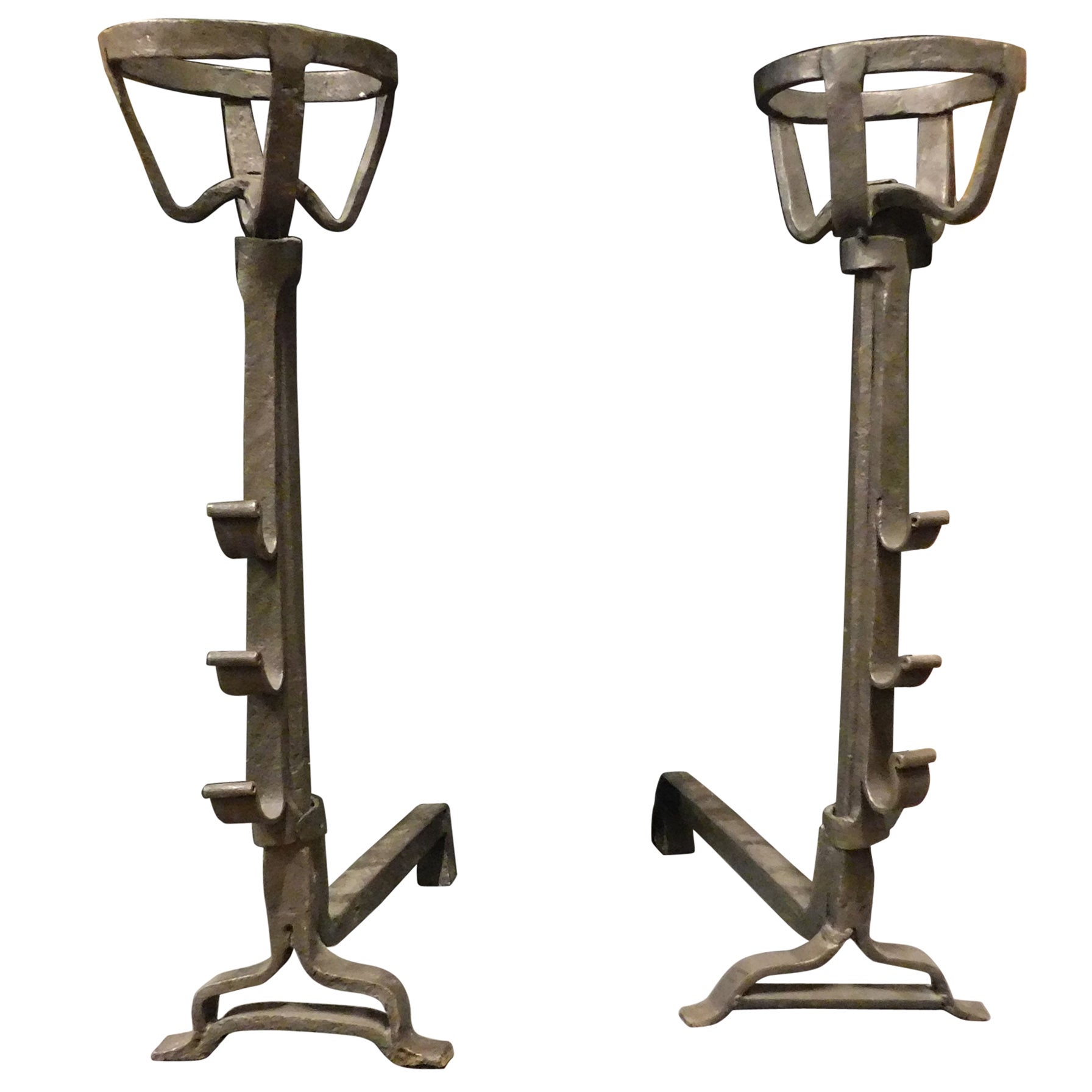 Pair of Iron Antique Andirons with Cup Holder, 19th Century, Italy