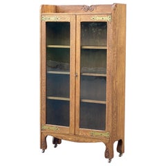 Used Carved Oak Glass Door Locking Bookcase with Decorative Brass