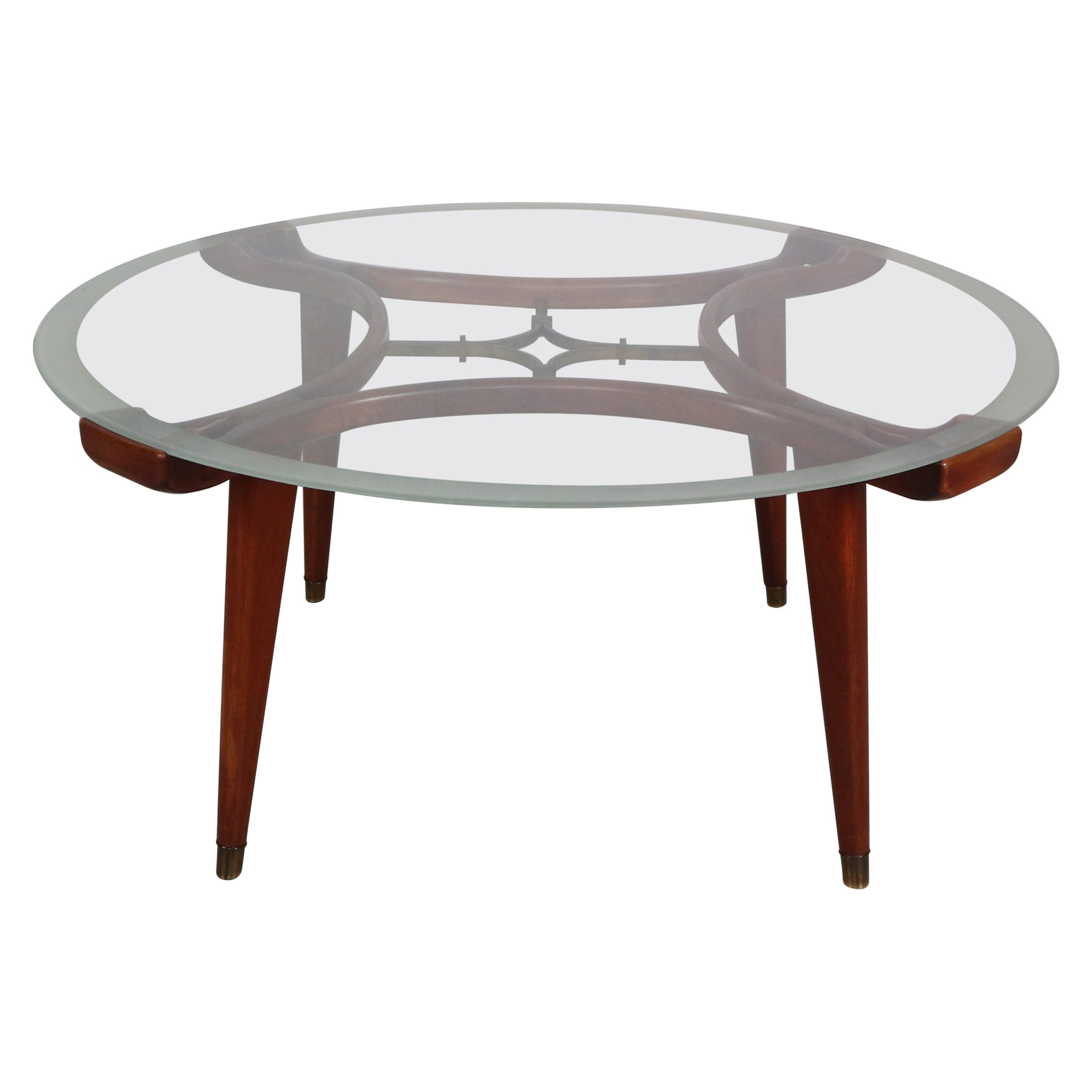 William Watting Brass, Wallnut, Round Glass Coffee Table for Fristho, 1950s