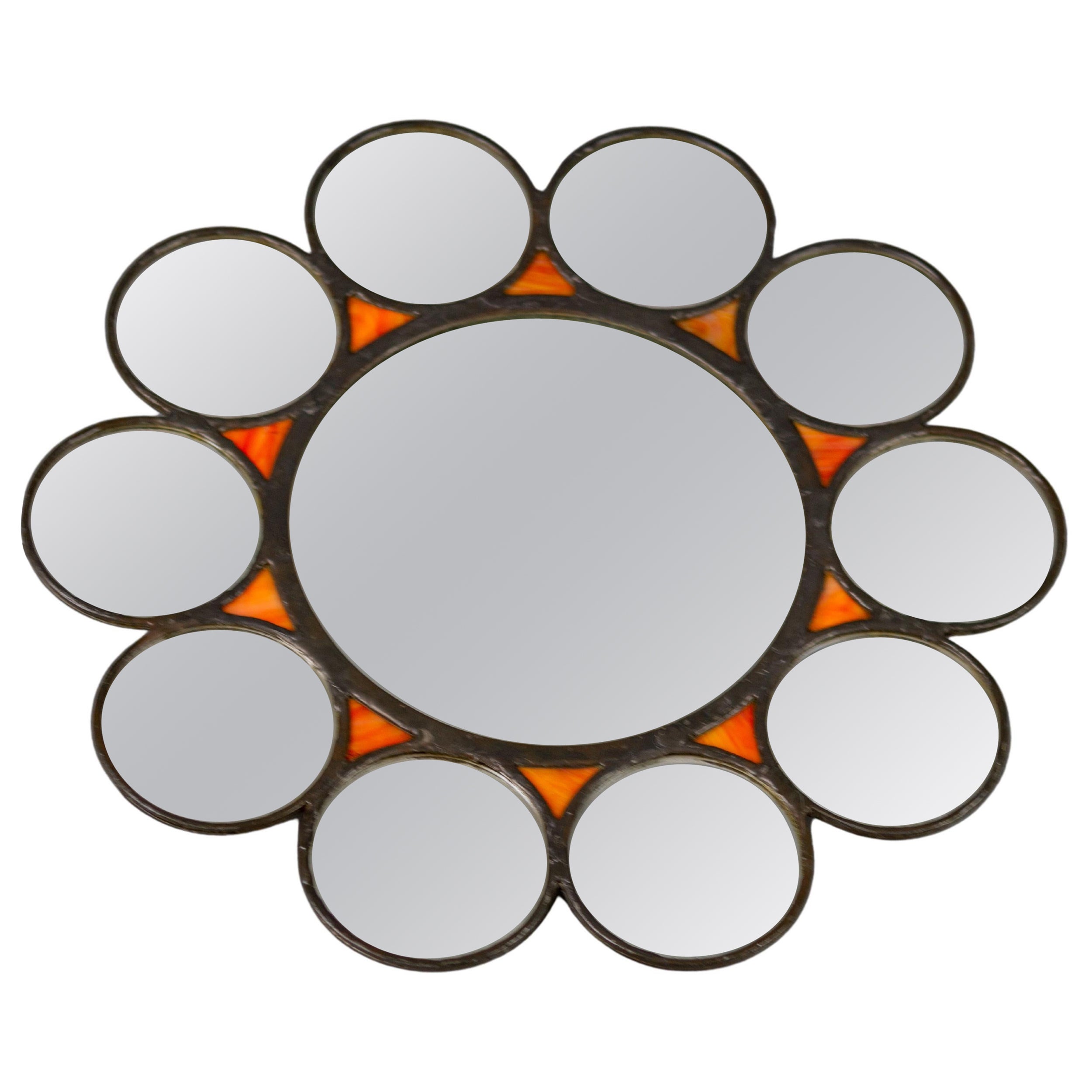 Mid-Century Modern Round Sun-Shaped Backlit Metal and Orange Glass Wall Mirror