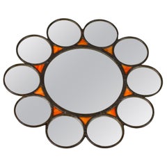 Mid-Century Modern Round Sun-Shaped Backlit Metal and Orange Glass Wall Mirror