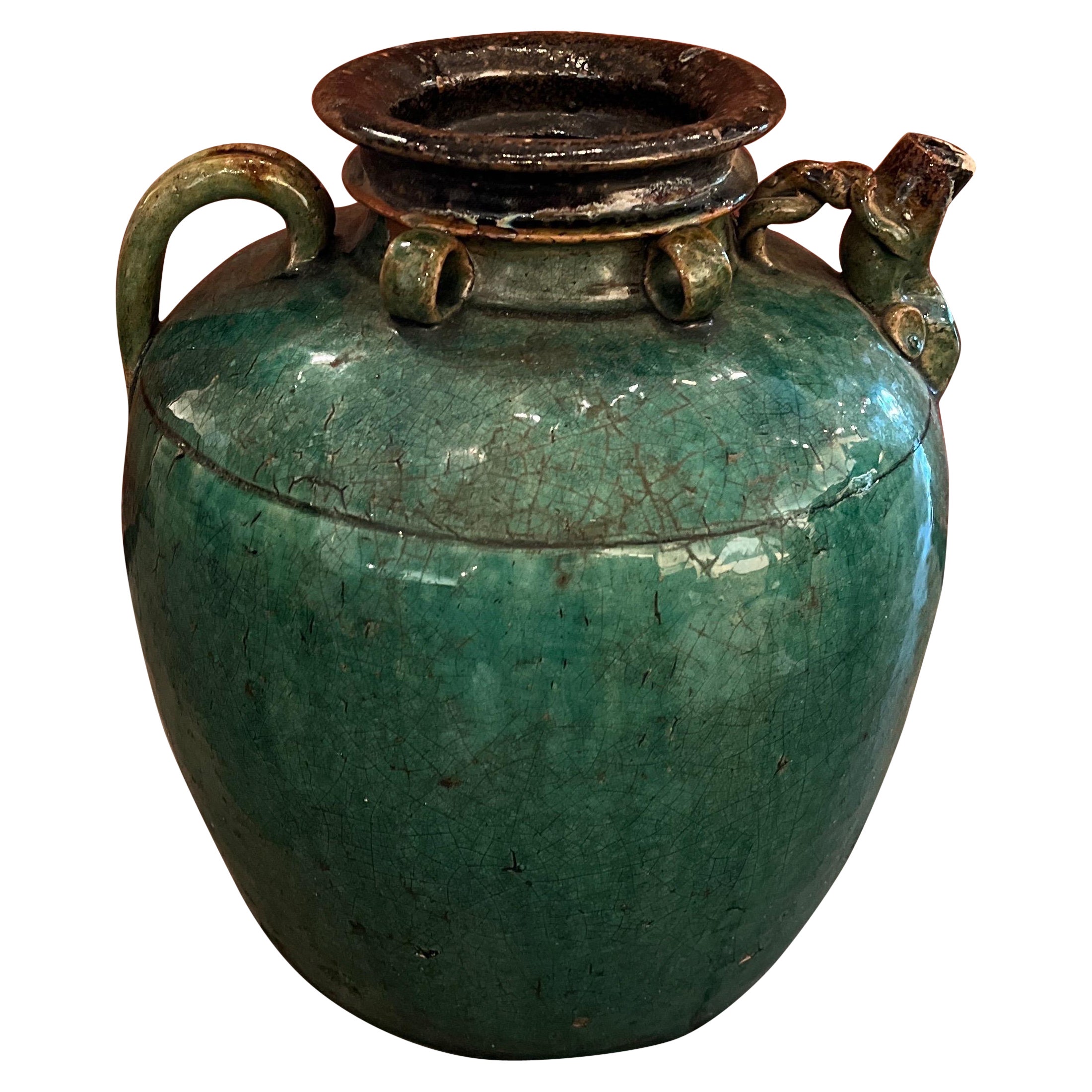 Antique Chinese Ceramic Wine Jar with Handle, Spout and Great Patina For Sale