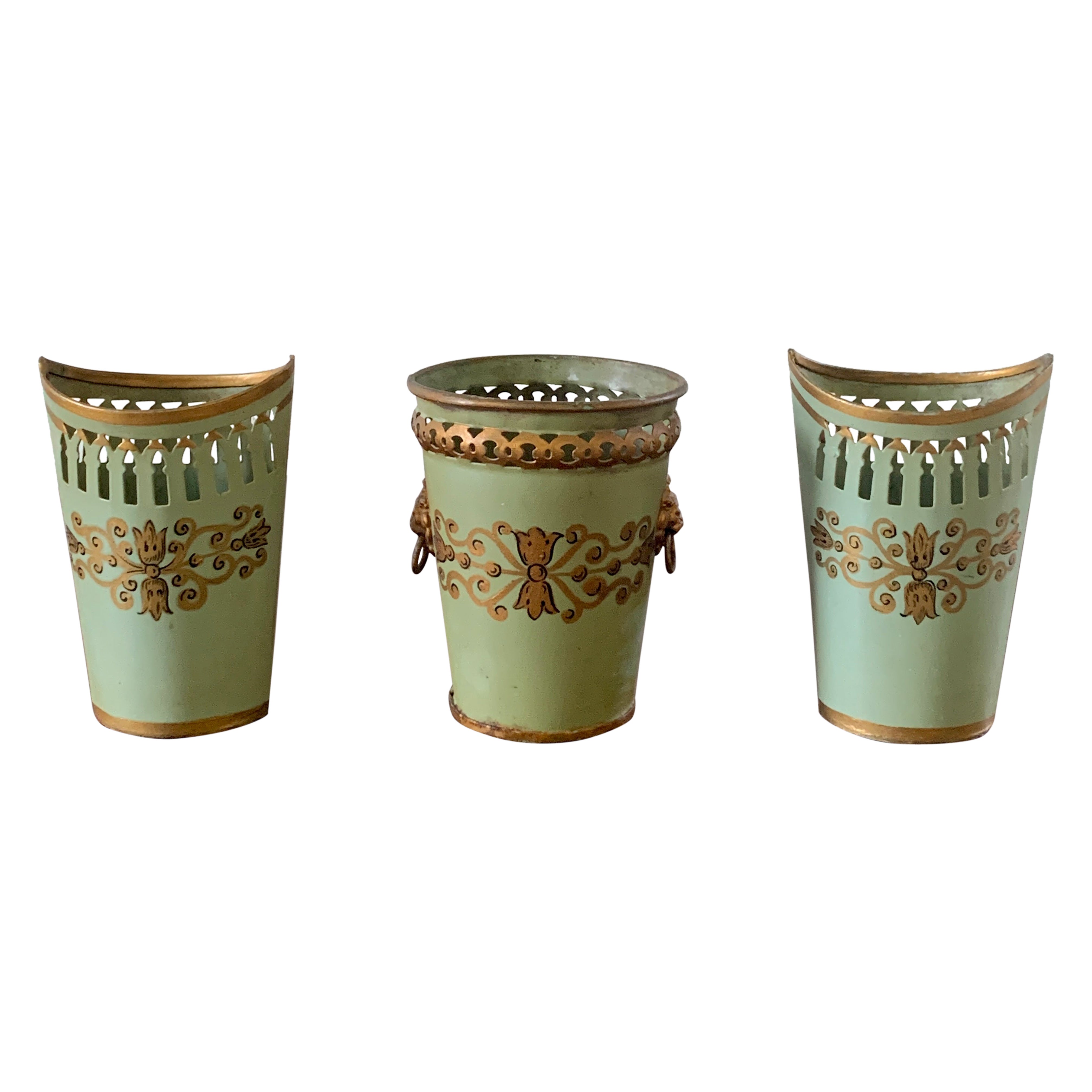 French Neoclassical Tole Green & Gold Cachepot Planter Vases, Set of 3