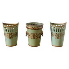 French Neoclassical Tole Green & Gold Cachepot Planter Vases, Set of 3