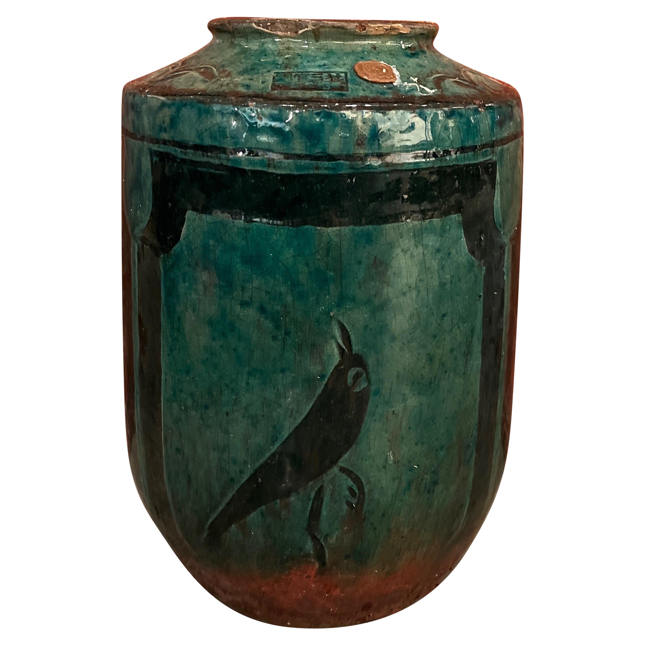 19th Century Ceramic Jar/Vase  With Green Glaze And  Hand Painted Bird Image