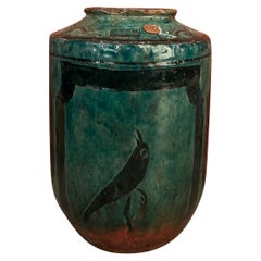 Antique 19th Century Ceramic Jar/Vase  With Green Glaze And  Hand Painted Bird Image
