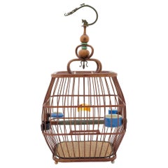 Antique Barrel-Form Chinese Birdcage with Blue Glazed Waterpots, c. 1900