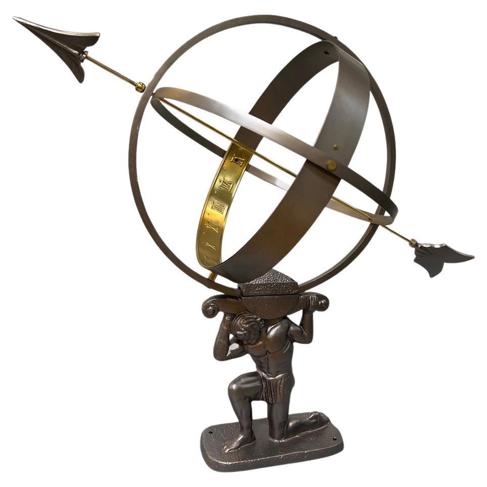 Atlas Armillary Sundial in Pewter Finish with Brass Accents For Sale