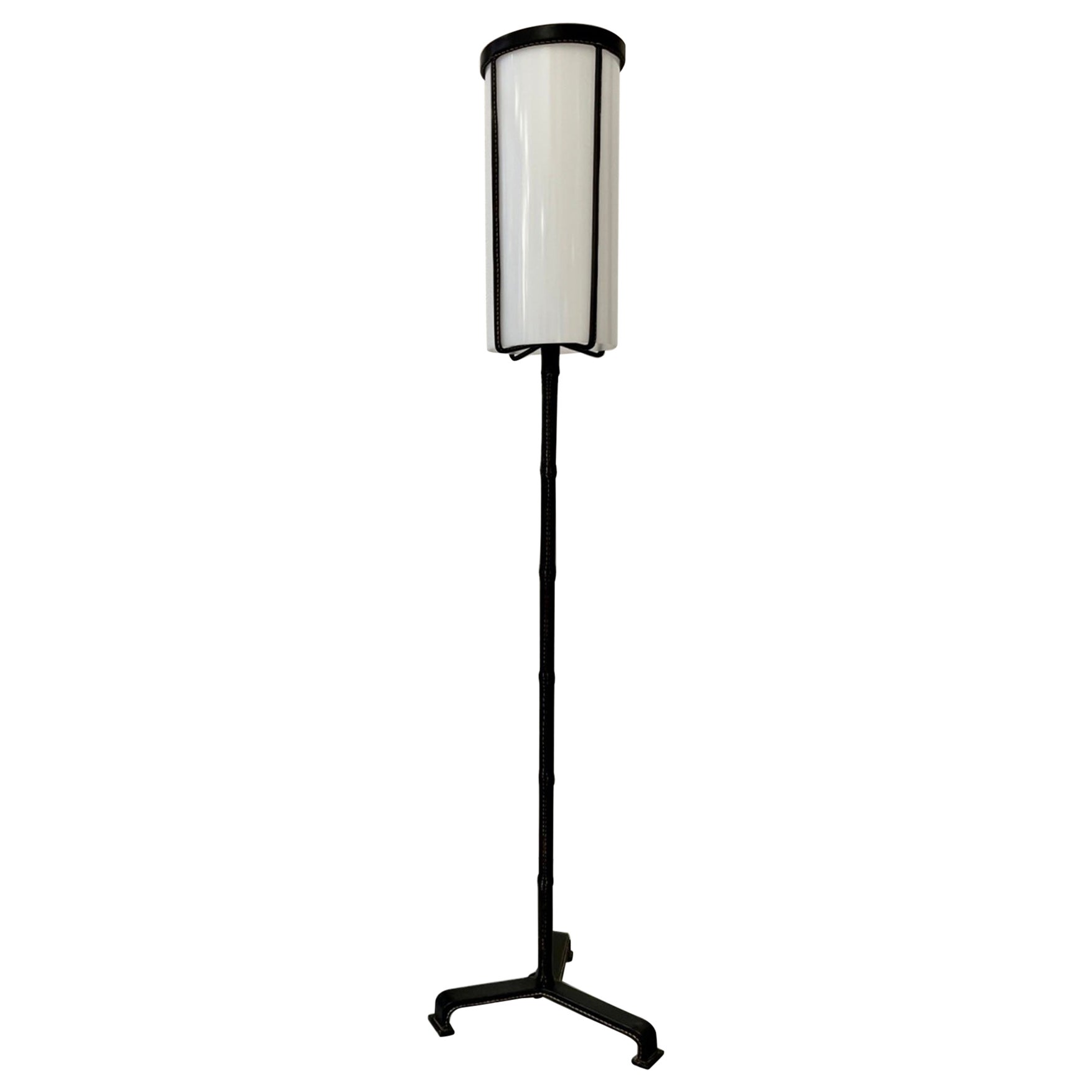 Leather Wrapped Tripod Standing Lamp by Jacques Adnet, France circa 1950