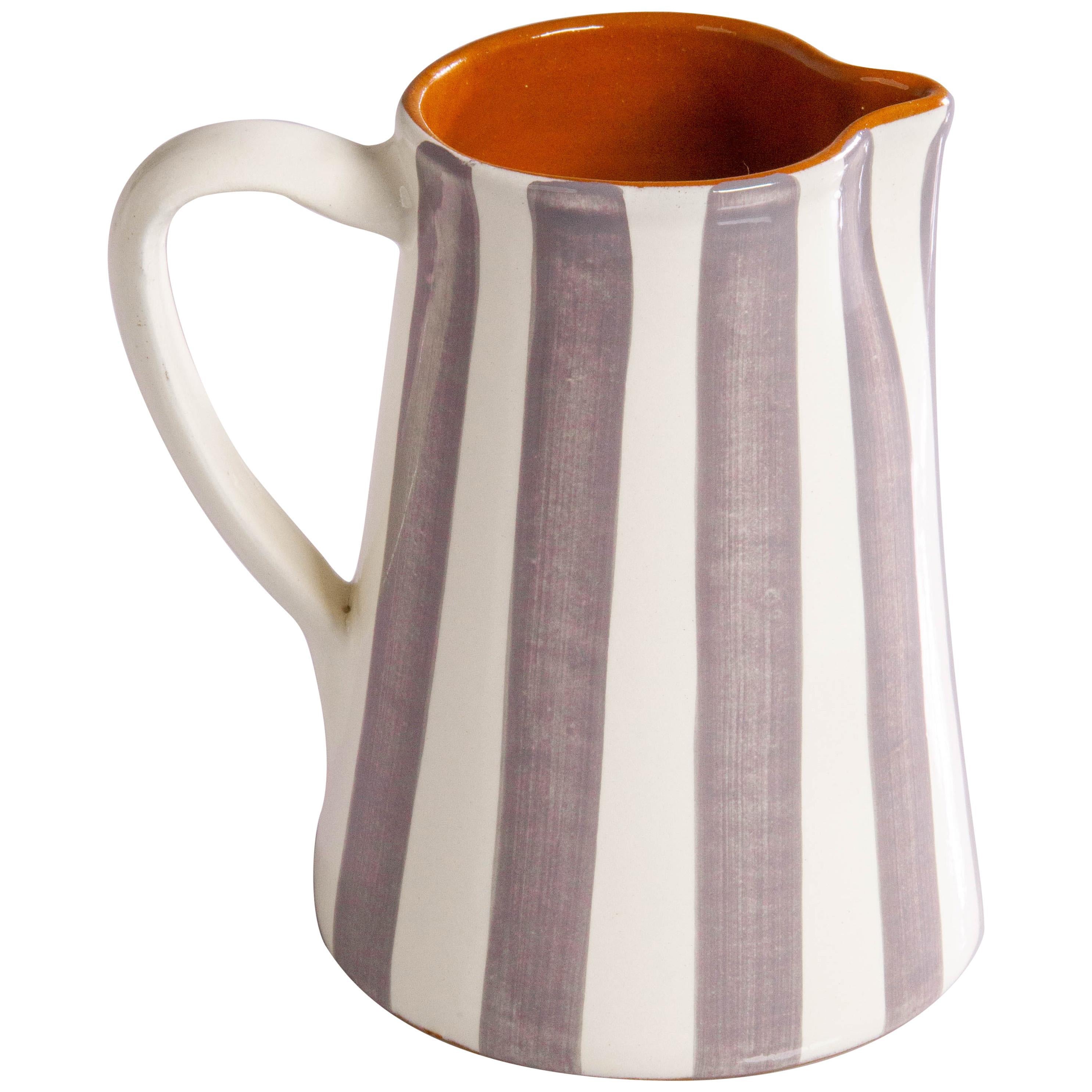 Handmade Ceramic Striped Jug with Graphic Gray and White Design, in Stock