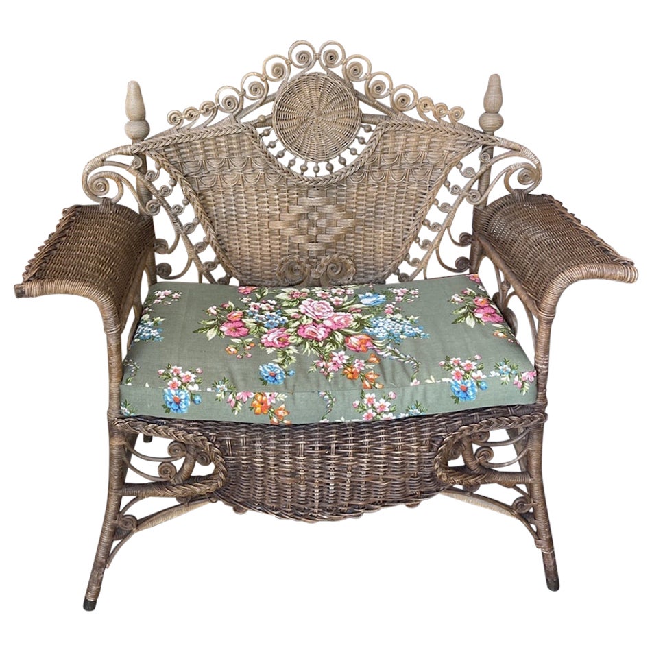 English 1900s 2 Seat Wicker Loveseat With Cushion