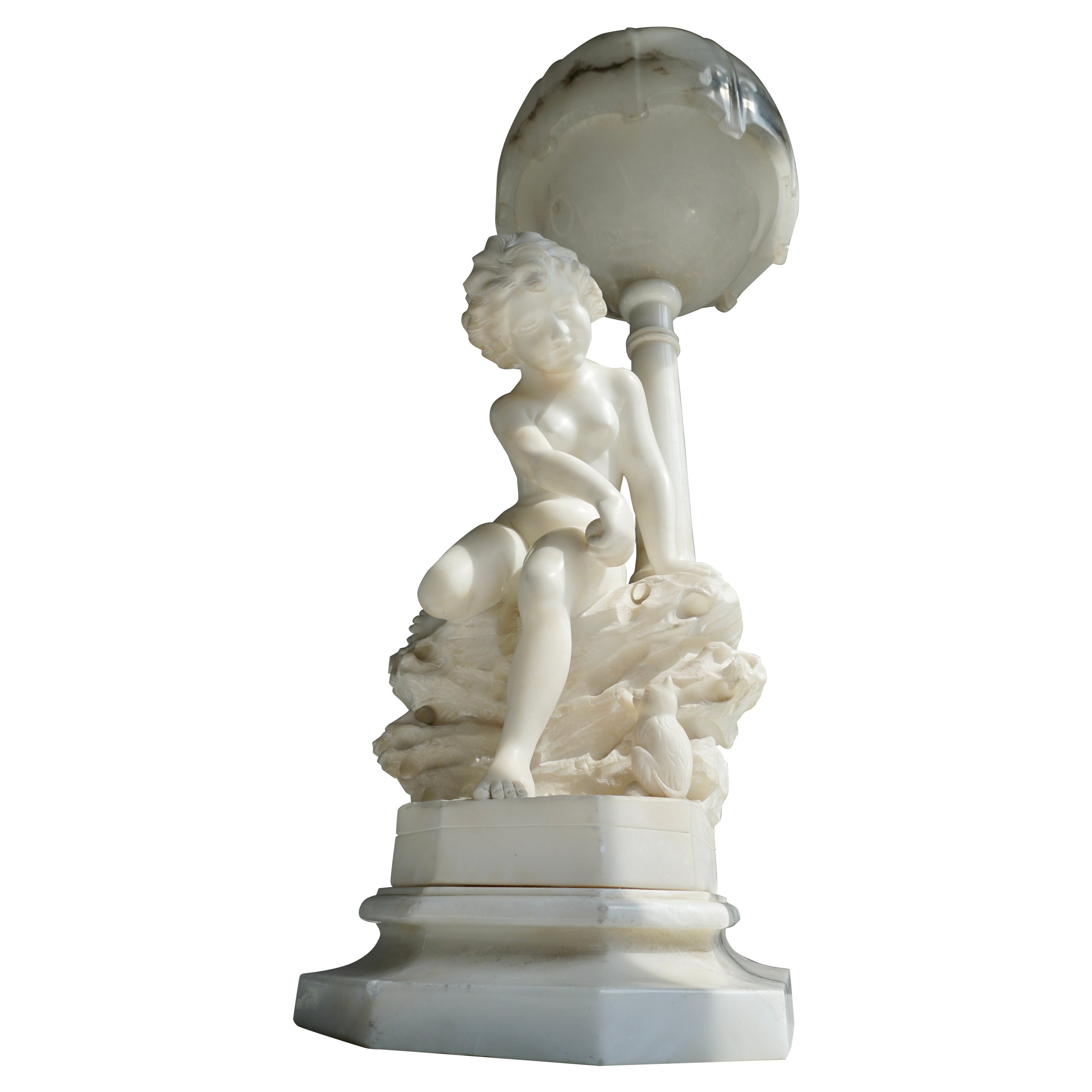 Circa 1920 Carved Alabaster Figural Lamp on Onxy Base For Sale