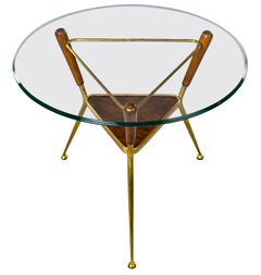 Italian Midcentury Atomic Style Side Table in Brass Glass and Wood