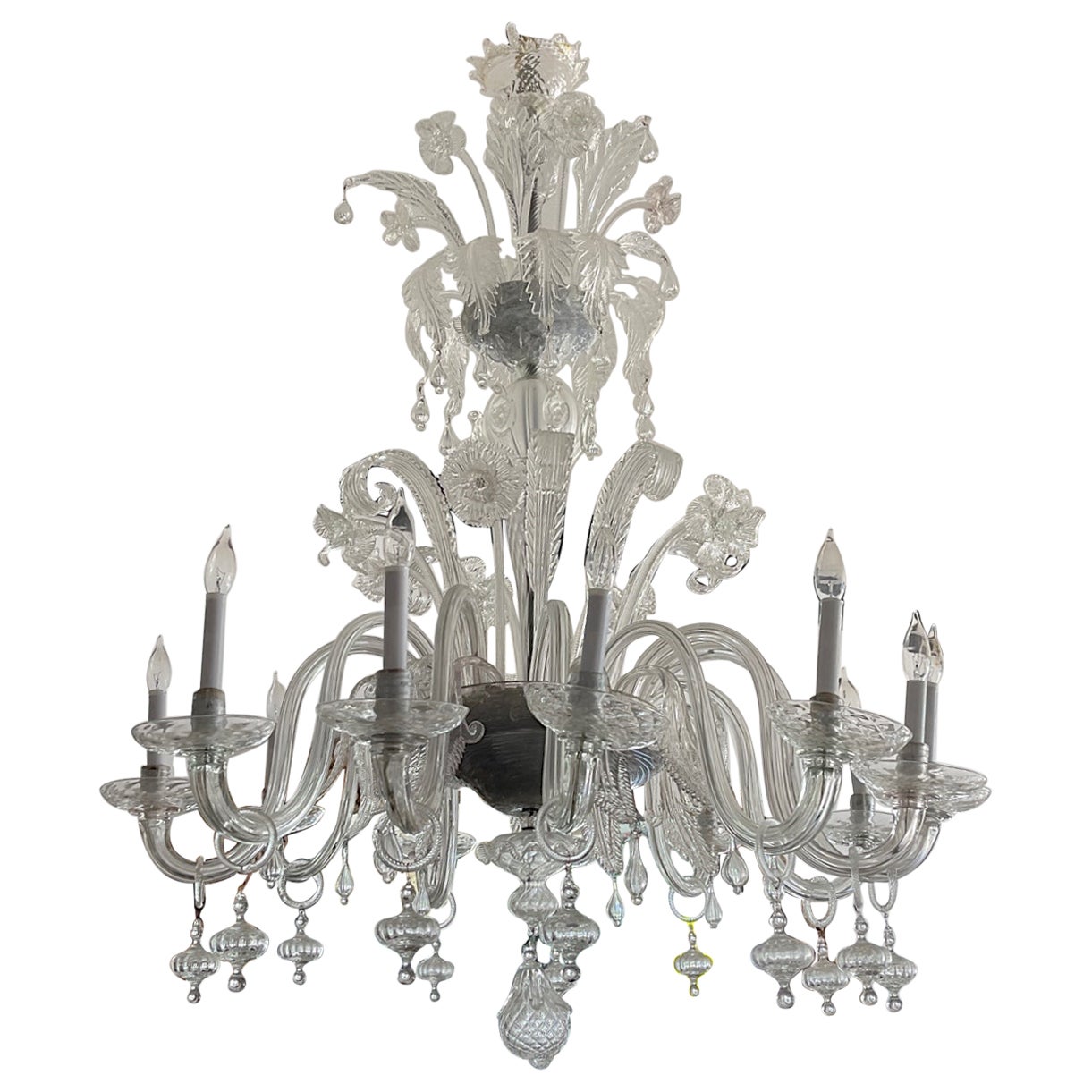 Italian 1950s 12 Arm Murano Transparent Glass Chandelier with Pleated Shades For Sale