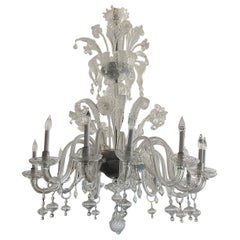 Vintage Italian 1950s 12 Arm Murano Transparent Glass Chandelier with Pleated Shades