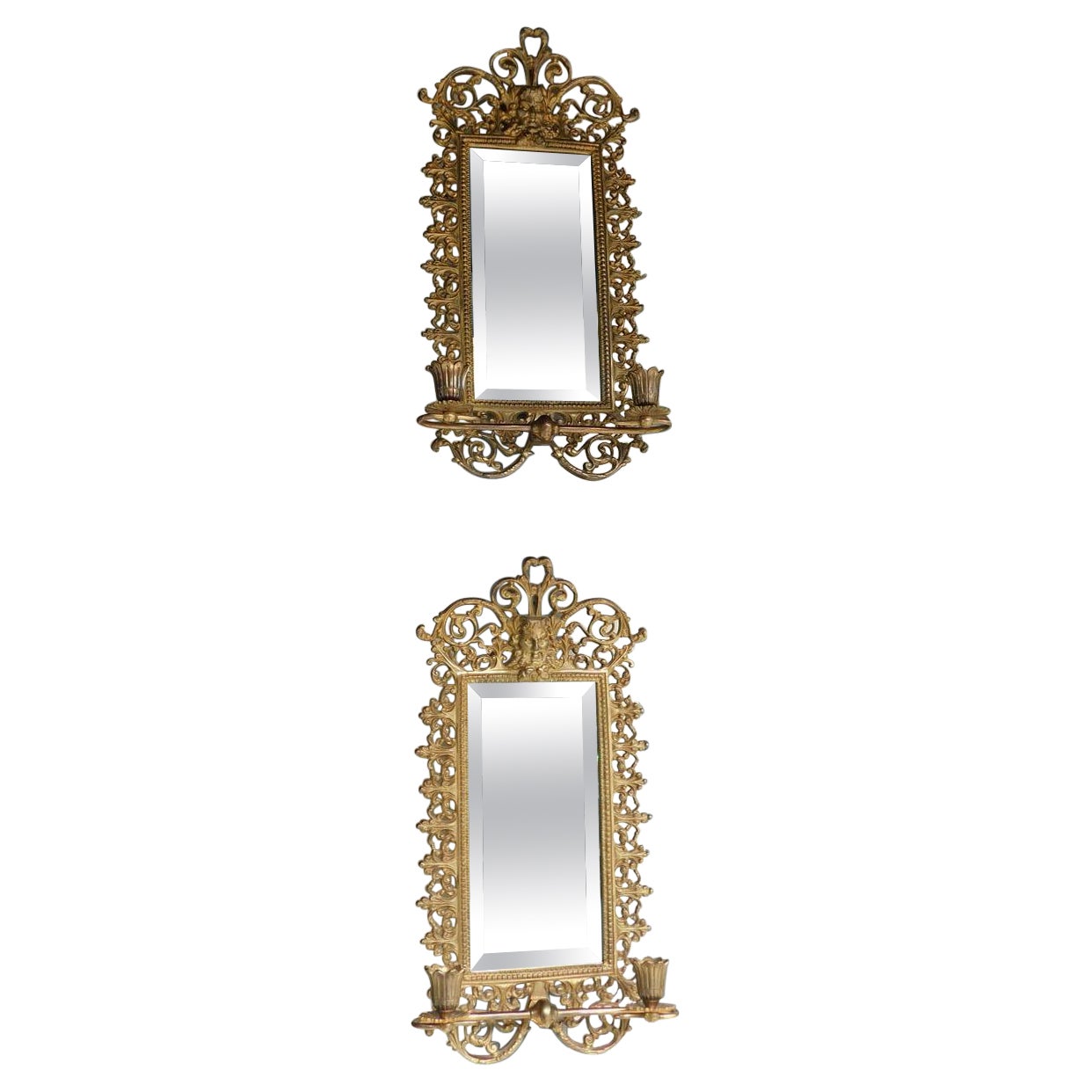 Pair of American Gilt Bronze & Beveled Mirror Figural Mask Wall Sconces, C 1880  For Sale