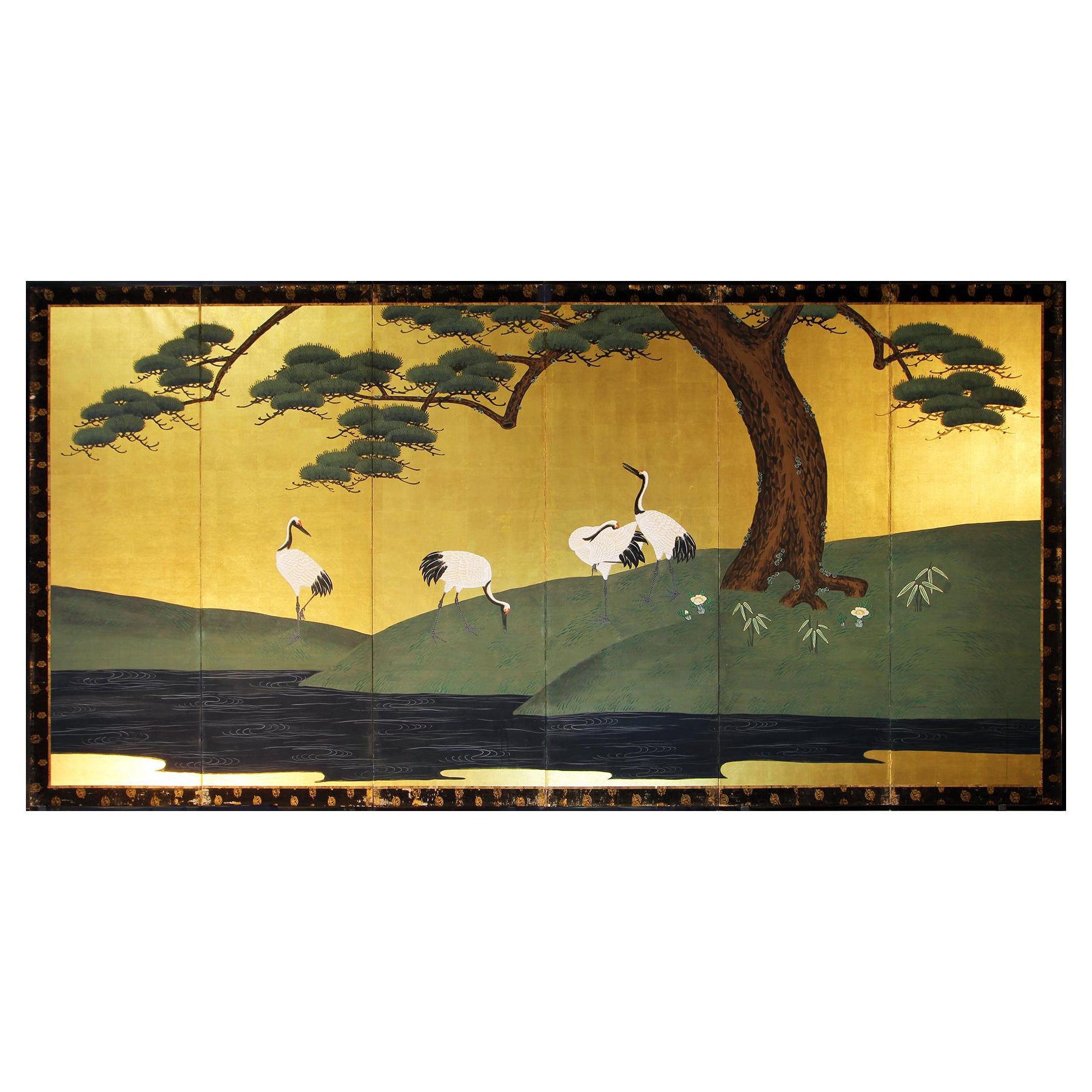 19th Century, Edo Japanese Folding Screen Six Panels Gold Leaf For Sale