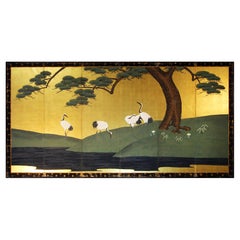 19th Century, Edo Japanese Folding Screen Six Panels Gold Leaf