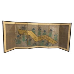 Japanese Asian Six-Panel Folding Byobu Screen Landcape Bridge with Iris Flowers 