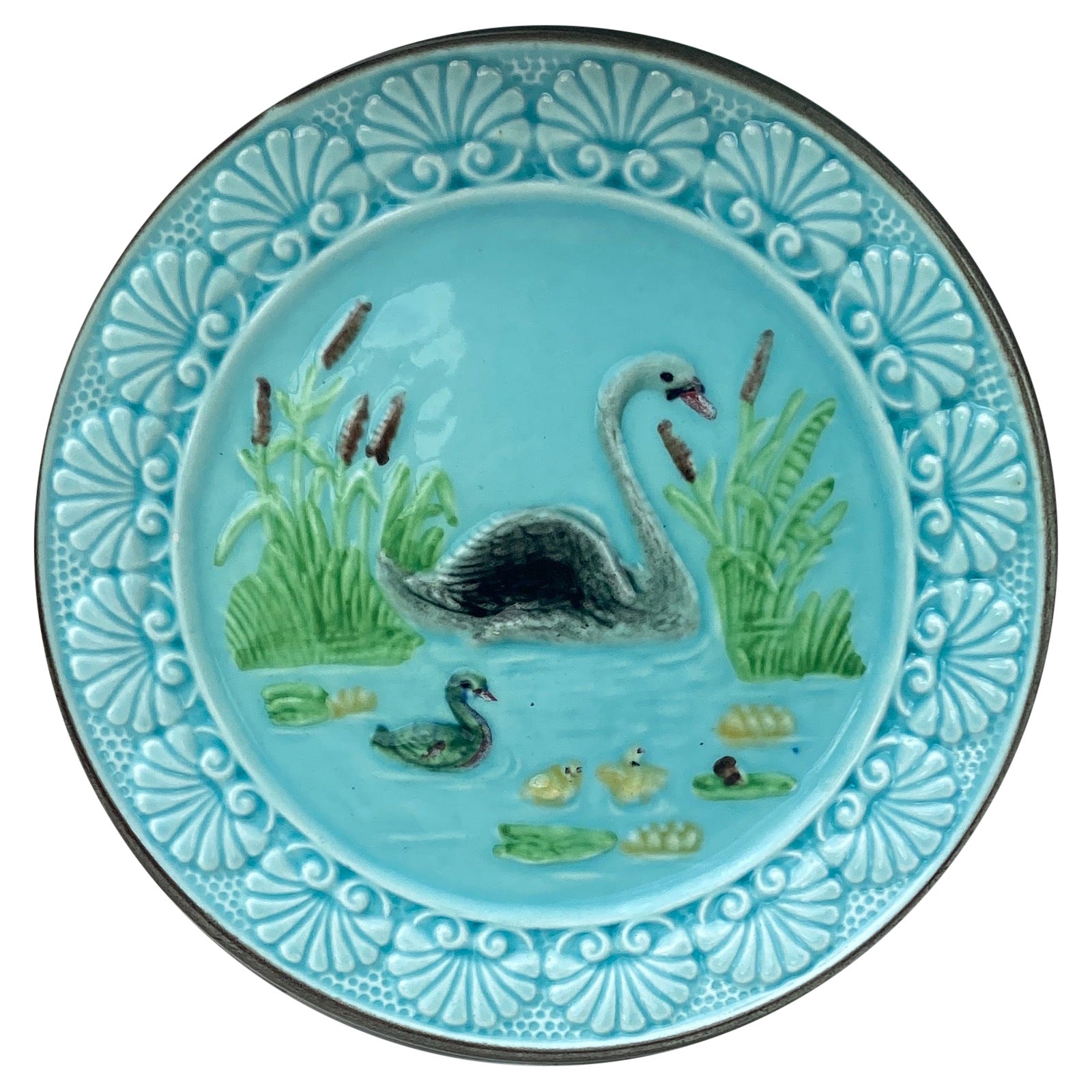 19th Century German Majolica Swan Plate, circa 1900