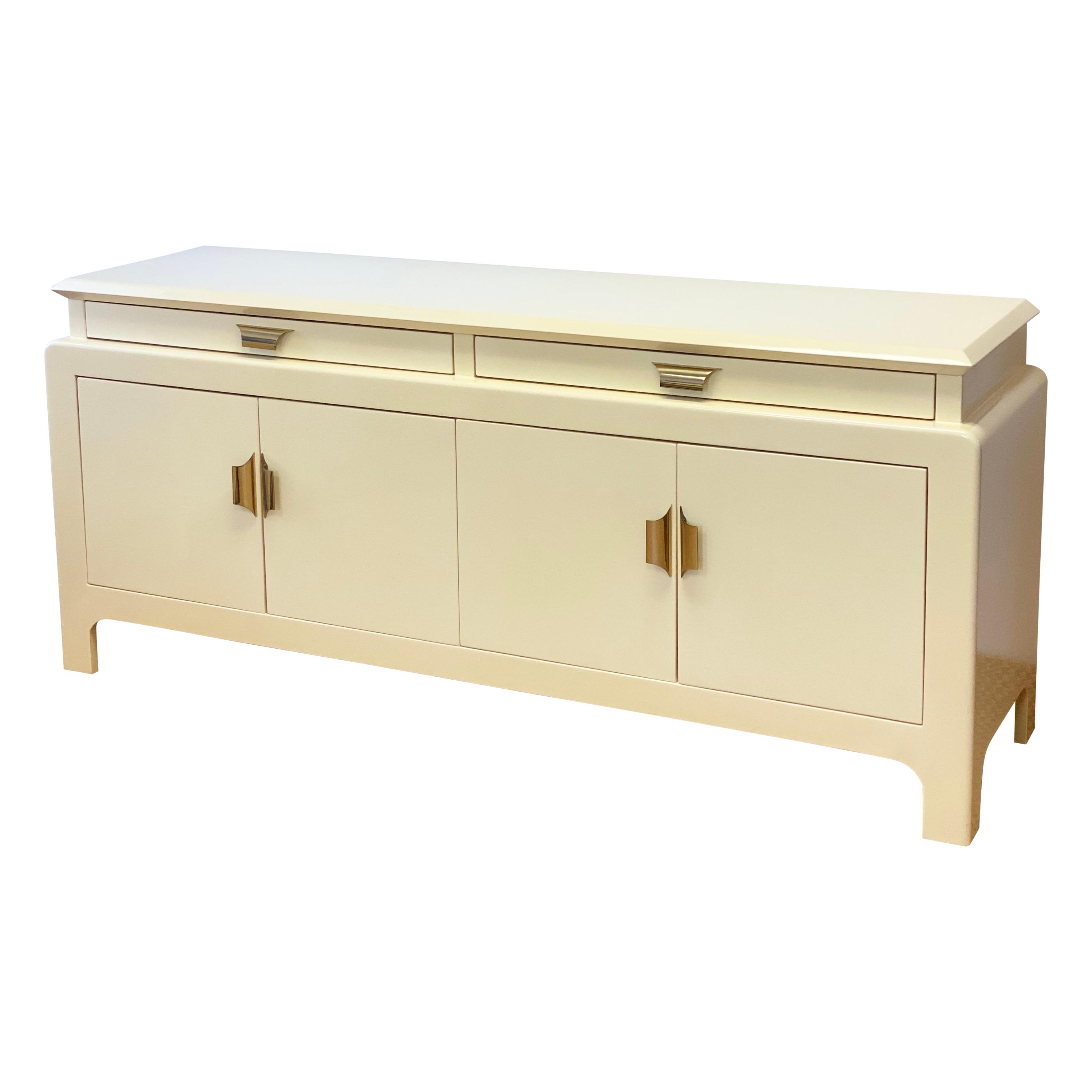 1970s Karl Springer Style Creamy Beige Lacquer and Brass Credenza