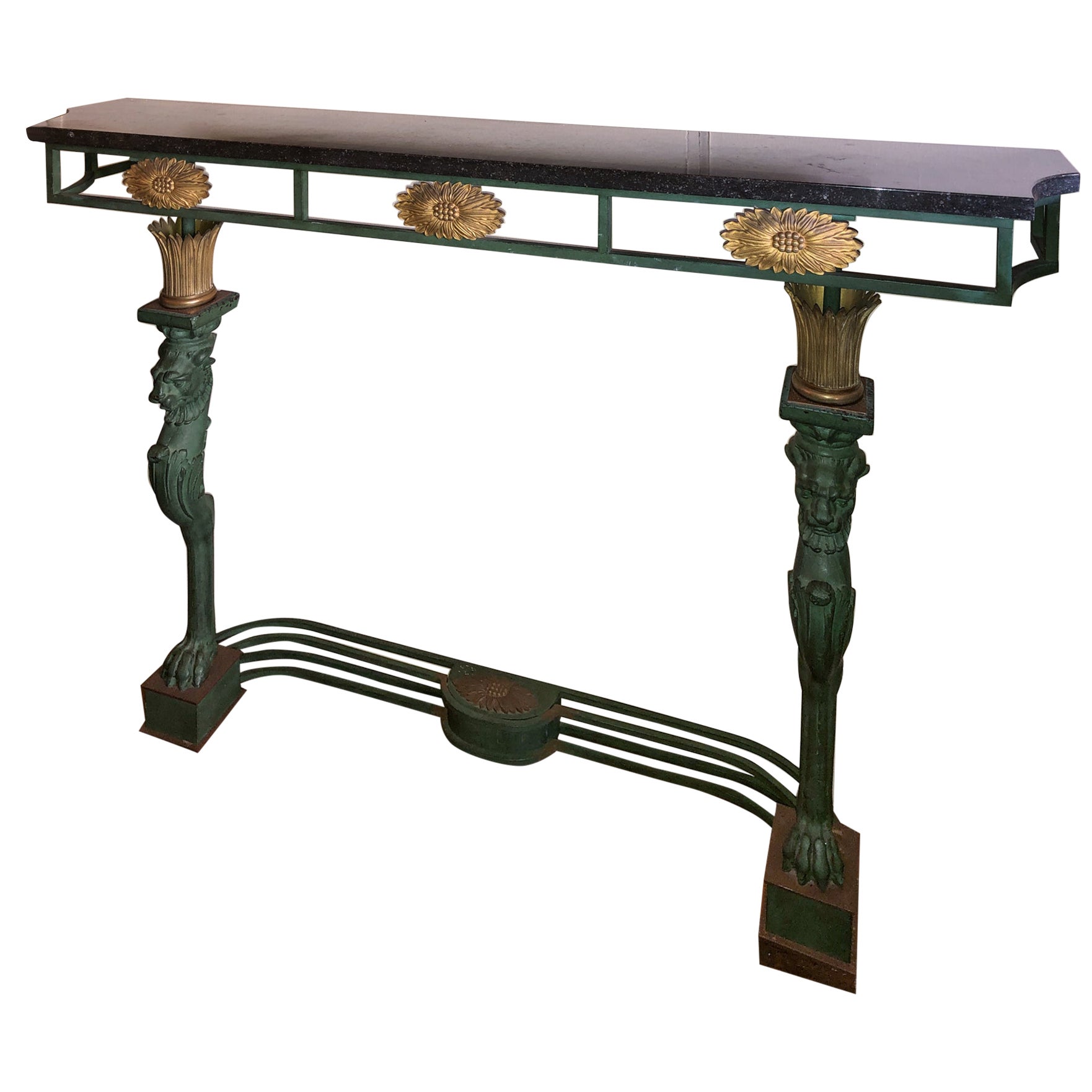 French Neoclassic//Directoire' Style Marble Top Gilt Bronze & Iron Console Table For Sale