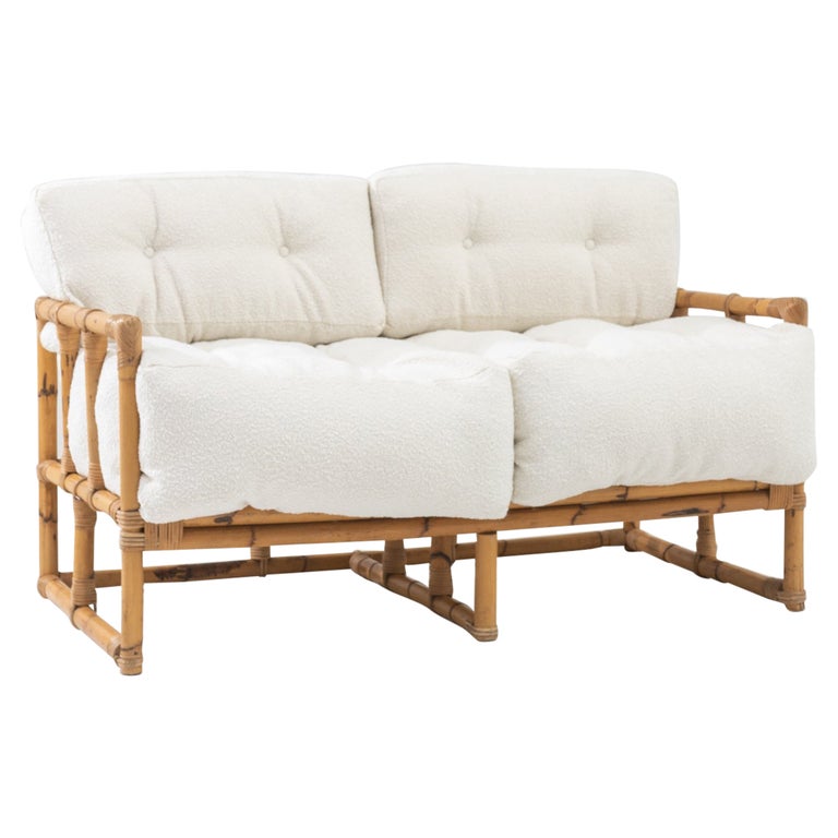 Vintage French Rattan Boucle Sofa For Sale at 1stDibs