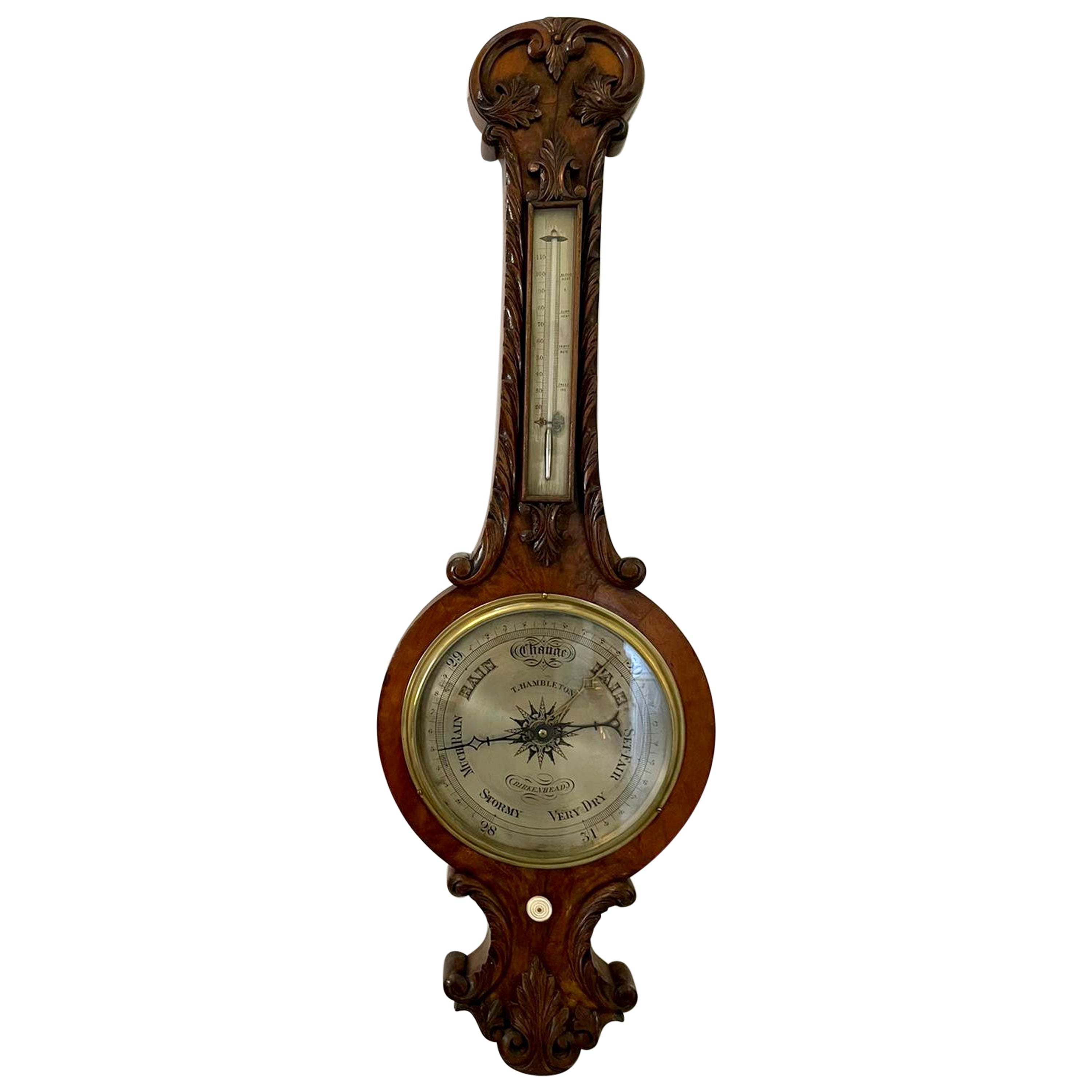 Quality Antique Victorian Burr Walnut Carved Banjo Barometer