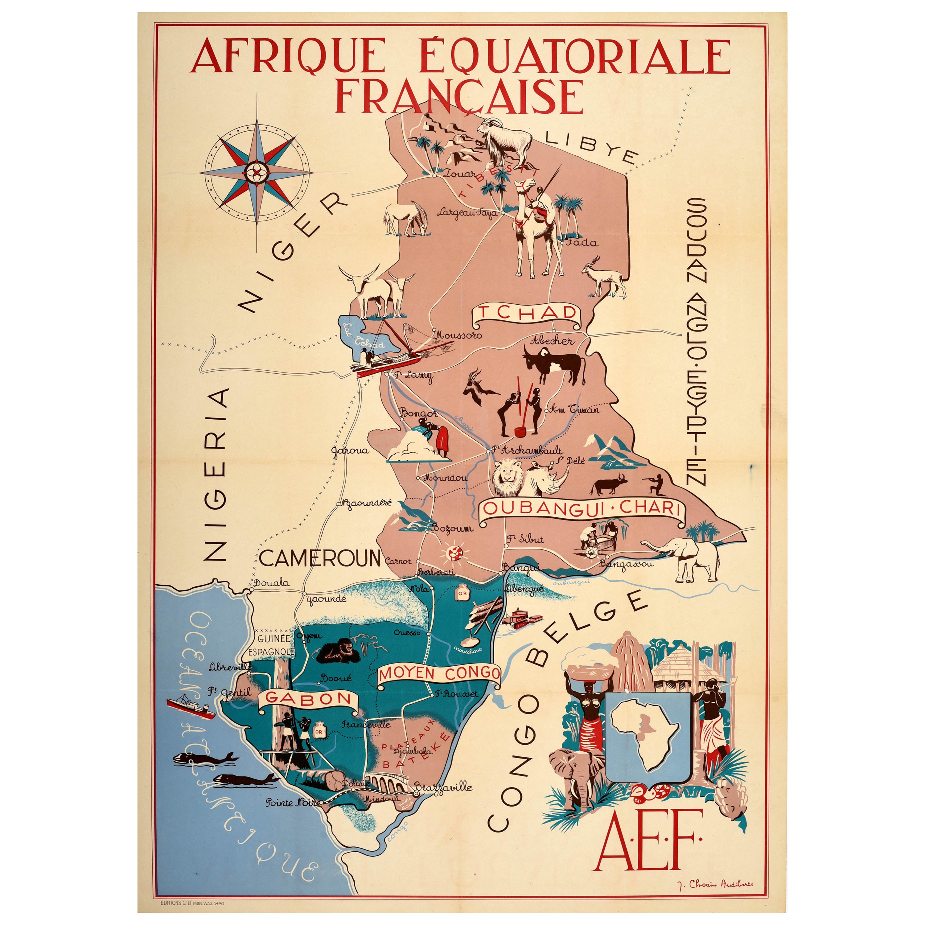 Affiche vintage d'origine française, Carte de l'Afrique équatoriale, Chad Congo, Français en vente