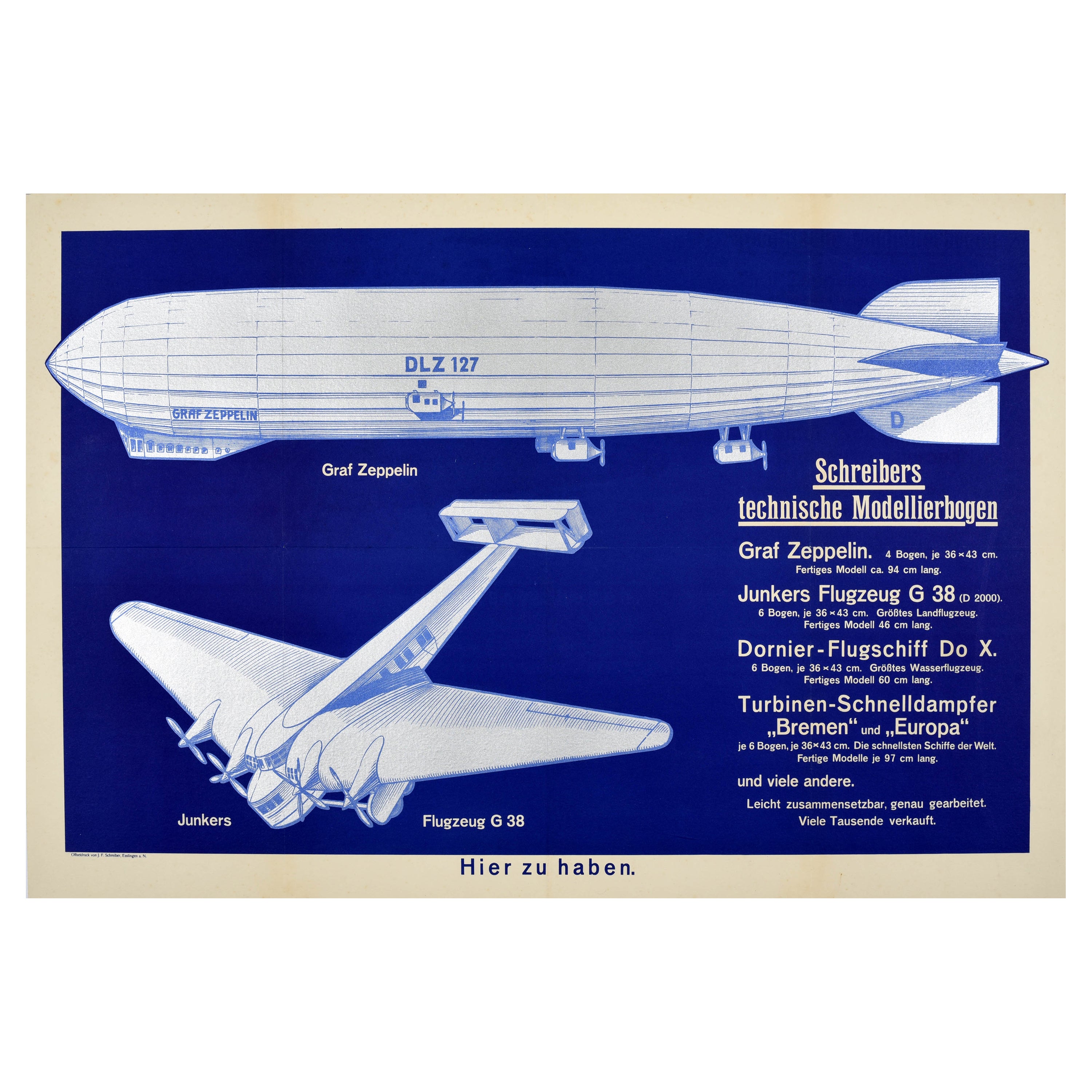 Original Vintage Poster Graf Zeppelin Schreibers Models Junkers Flugzeug G38 For Sale