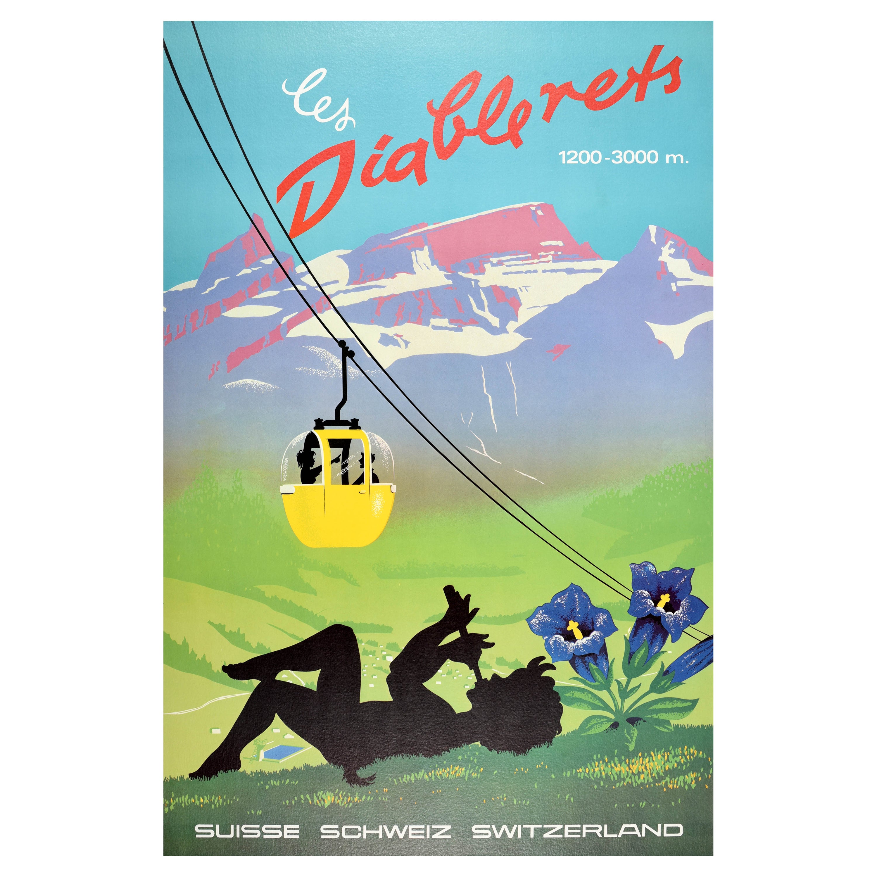 Original Vintage Poster Les Diablerets Switzerland Cable Car Swiss Alps Devil