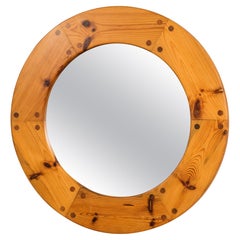 Round Pine Wall Mirror by Uno & Östen Kristiansson for Luxus, Sweden, 1960s