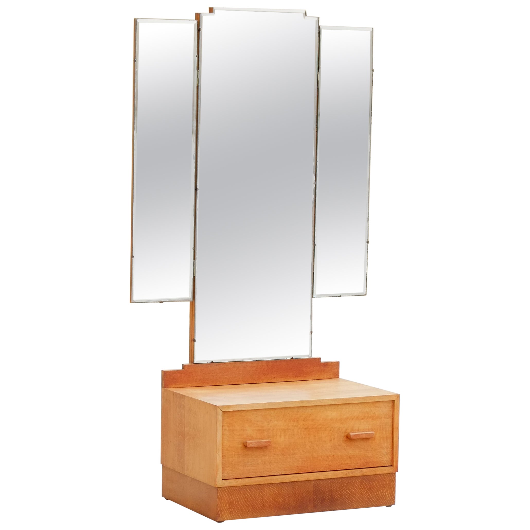 English Art Deco 1930s Solid Oak Triple Dressing Mirror with Drawer
