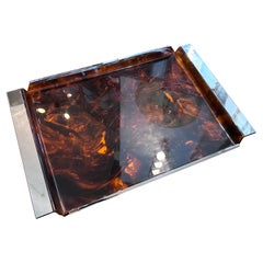 1980s Mid-Century Modern Fake Tortoise Lucite and Metal Rectangular Italian Tray