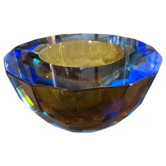 1970s Modernist Blue and Brown Faceted Murano Glass Round Bowl by Mandruzzato